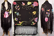 1920s Art Deco Black Silk Geometric Floral Butterfly Embroidered Piano Shawl