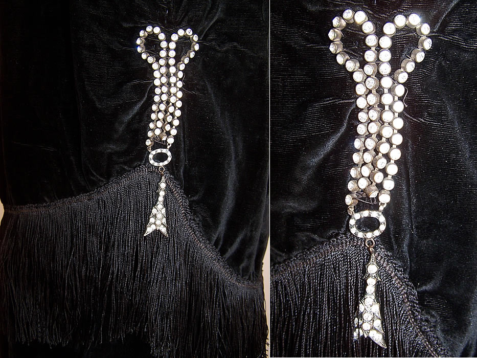 Art Deco Vintage Black Velvet Fringe Rhinestone Trim Drop Waist Flapper Dress close up