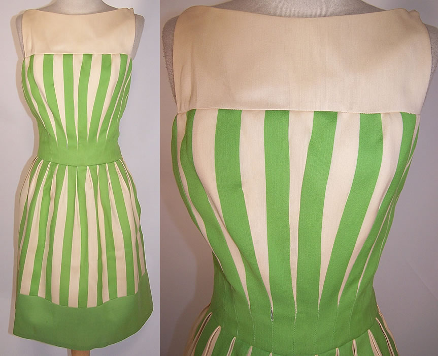 Vintage Travilla Green & White Striped Linen Mod Miniskirt Dress 