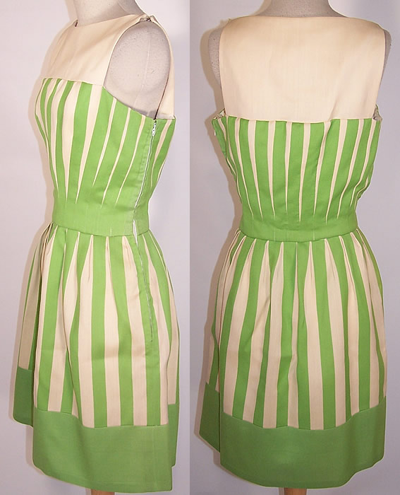 Vintage Travilla Green & White Striped Linen Mod Miniskirt Dress side view & back views