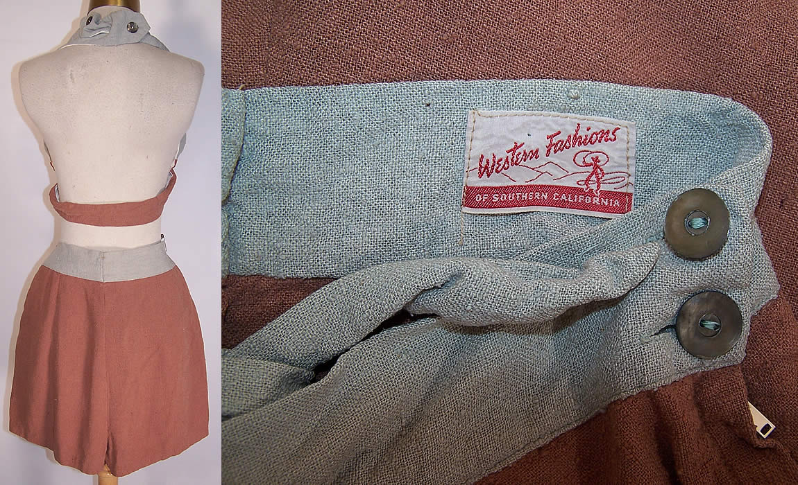 Vintage Western Fashions Pinup Playsuit Halter Bikini Top Shorts Set back view & label close up