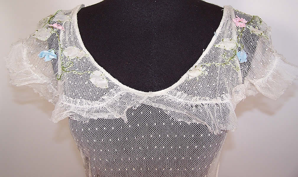 Vintage White Polka Dot Net Pastel Rosette Embroidered Ruffle Bias Cut Dress Gown close up