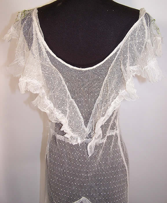 Vintage White Polka Dot Net Pastel Rosette Embroidered Ruffle Bias Cut Dress Gown close up back view.