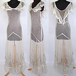Vintage 1930s White Polka Dot Net Pastel Rosette Embroidered Ruffle Bias Cut Dress Gown