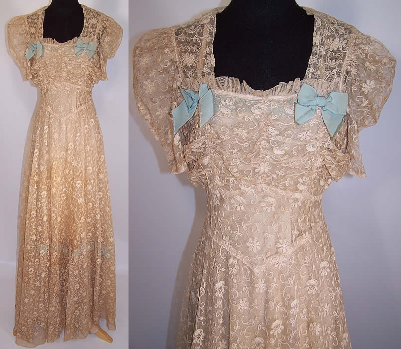 Vintage Ecru Tambour Embroidery Net Lace Blue Bow Bias Cut Dress Gown & Slip