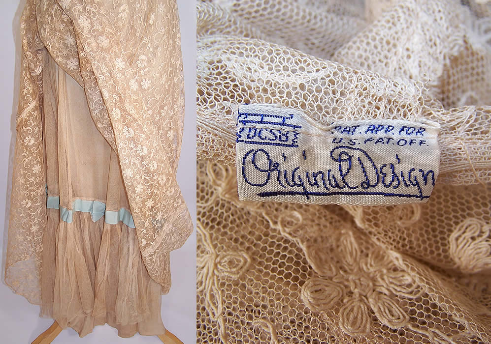 Vintage Ecru Tambour Embroidery Net Lace Blue Bow Bias Cut Dress Gown & Slip shows and label