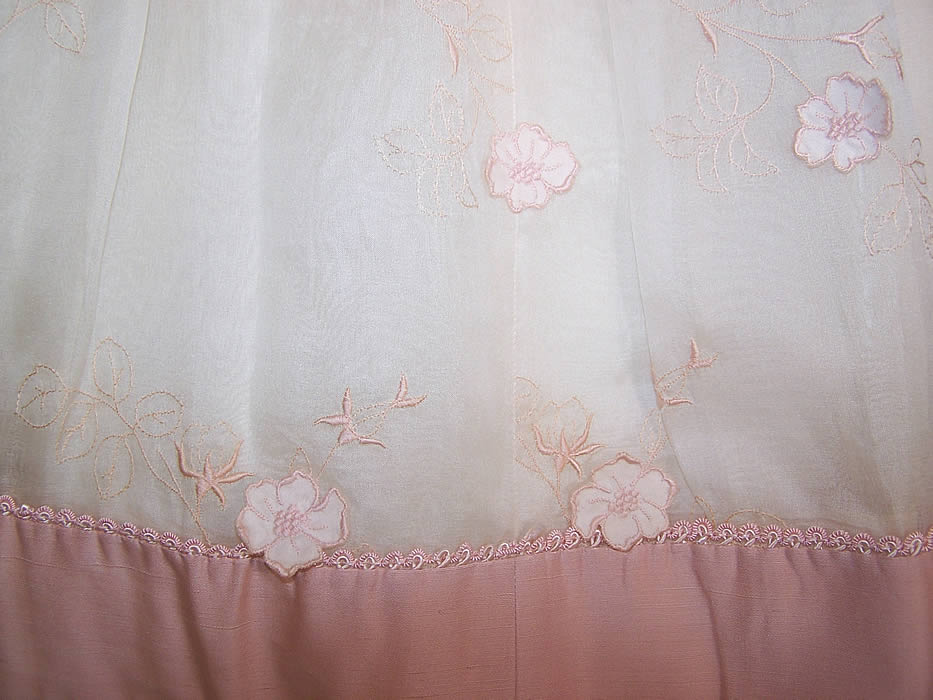 Vintage Lillie Rubin Pink White Organdy Floral Applique Circle Skirt Dress close up