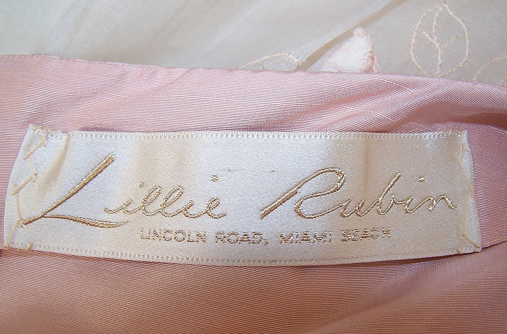 Vintage Lillie Rubin Pink White Organdy Floral Applique Circle Skirt Dress label close up.
