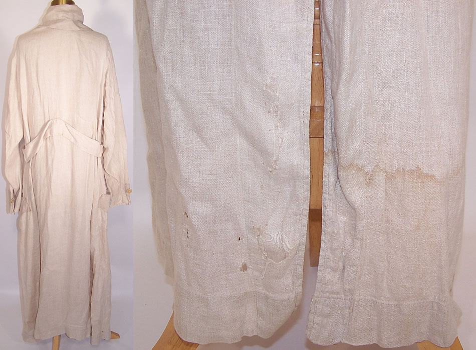 Edwardian Vintage Men's Belted Linen Travel Motoring Driving Duster Coat Jacket back view & close up of the front some frayed patching on the bottom front with water spotting stains 