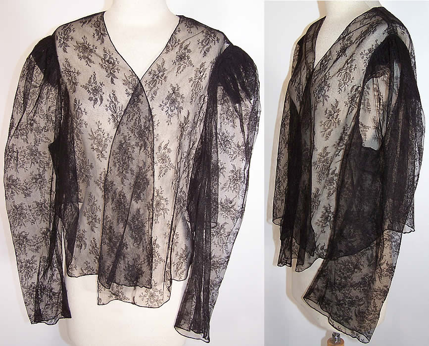 Victorian Antique Black Net Chantilly Lace Blouse Coat Jacket