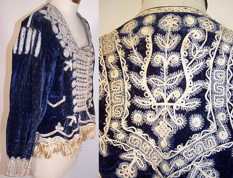 Antique Spanish Conquistador Bolivian Milkmaids Folk Costume Velvet Beaded Jacket side view & close up back view.