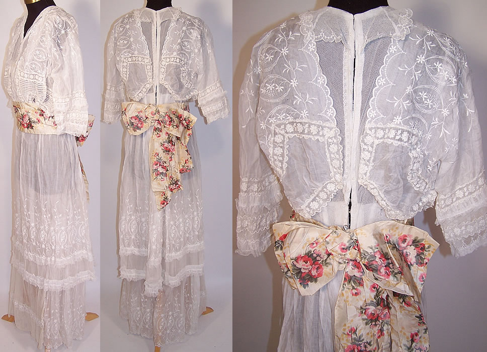 Edwardian Embroidered White Batiste Lawn Lace Wedding Gown Graduation Dress side view back view & back view close up