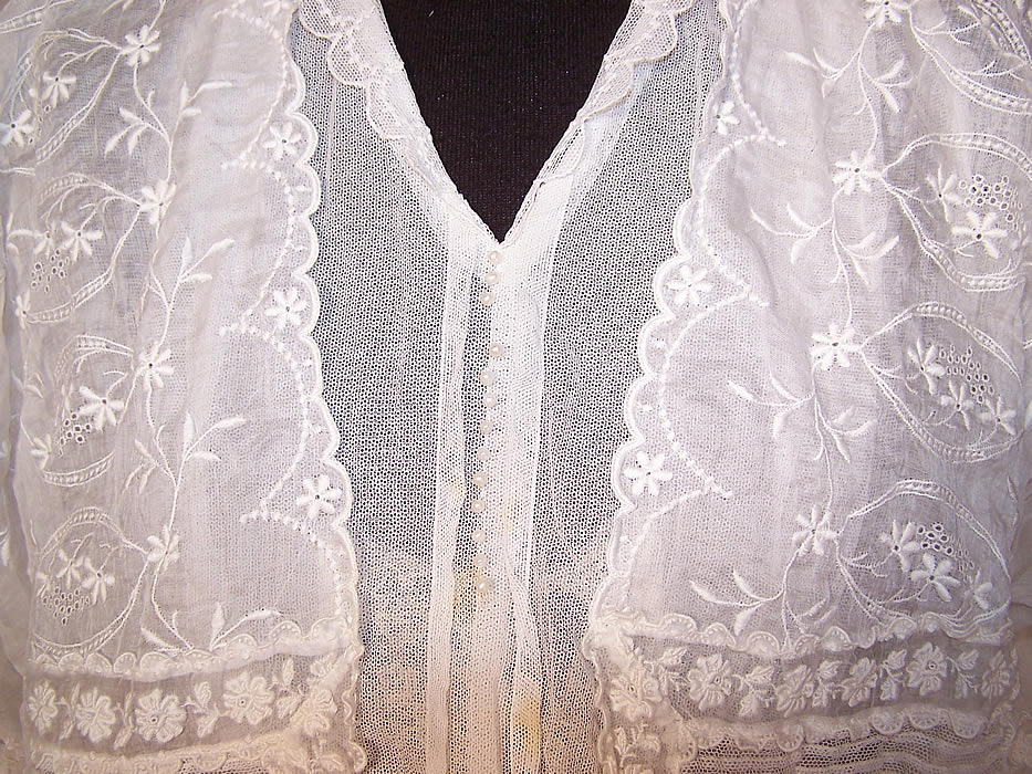 Edwardian Embroidered White Batiste Lawn Lace Wedding Gown Graduation Dress close up.