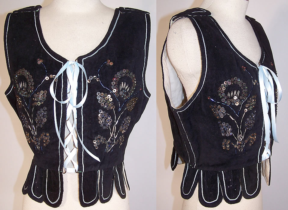 Vintage Black Velvet Gold Sequin Beaded Warsaw Polish Folk Vest Bodice Top These Krakowianka vests were worn for dancing and are a wonderful piece of wearable Polish textile folk art! 