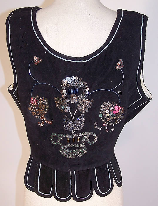 Vintage Black Velvet Gold Sequin Beaded Warsaw Polish Folk Vest Bodice Top back view