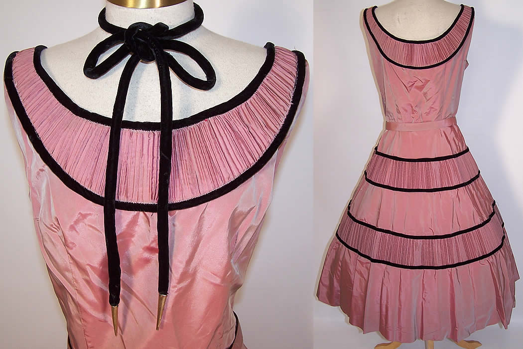Vintage Natlynn Original Pink Pleated Silk Taffeta Circle Skirt Belted Dress close up & back view