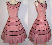 Vintage 1950s Natlynn Original Pink Pleated Silk Taffeta Circle Skirt Belted Dress
