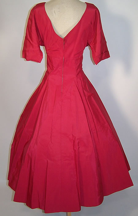 Vintage Fuchsia Pink Silk Taffeta Circle Skirt A-Line Party Dress back view.