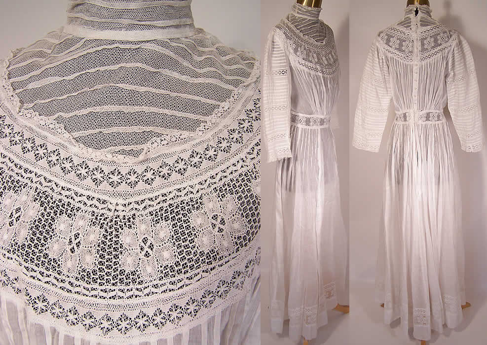Edwardian High Collar Pleated White Cotton Batiste Lace Lawn Graduation Dress close up, side & back view.