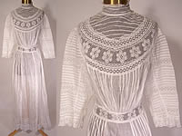 Edwardian 1905 High Collar Pleated White Cotton Batiste Lace Lawn Graduation Dress