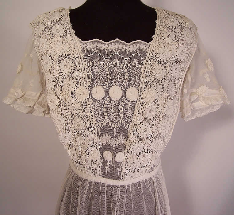 Edwardian White Embroidered Net Lace Graduation Wedding Dress close up