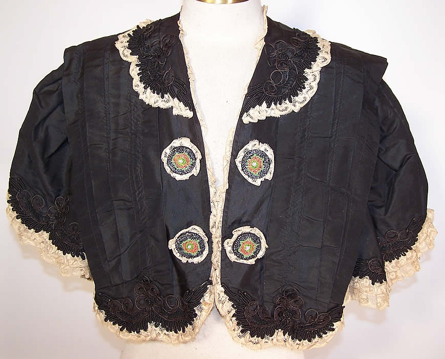 Edwardian Black Silk Taffeta Soutache Lace Trim Cropped Bolero Bodice Jacket