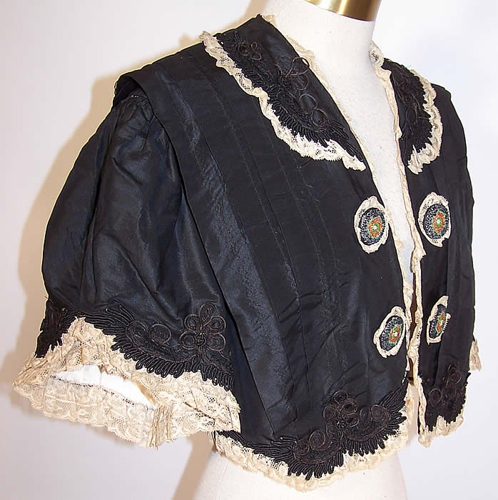 Edwardian Black Silk Taffeta Soutache Lace Trim Cropped Bolero Bodice Jacket side view