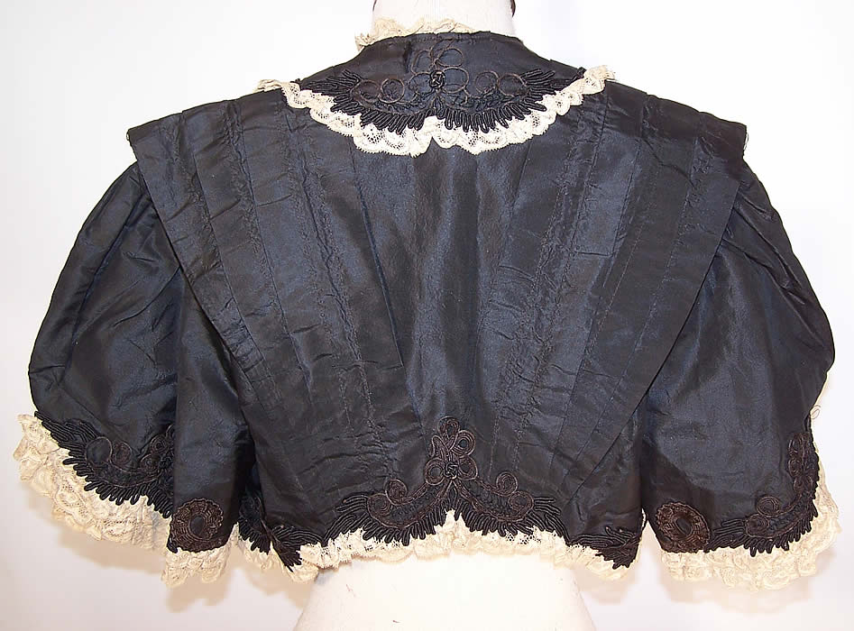 Edwardian Black Silk Taffeta Soutache Lace Trim Cropped Bolero Bodice Jacket back view.