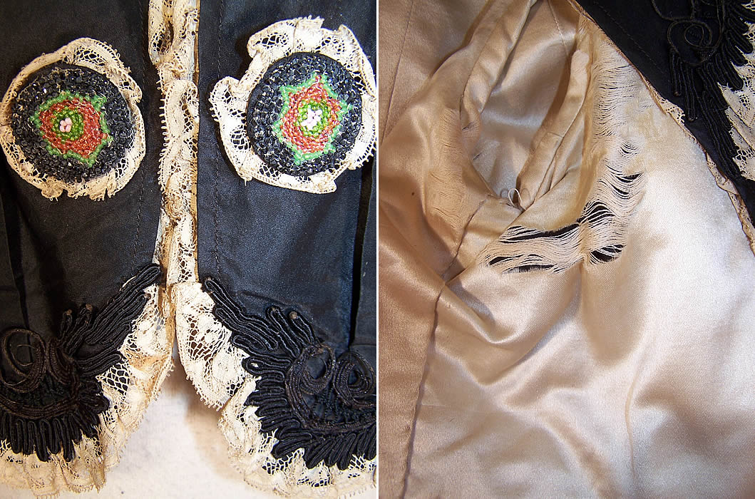Edwardian Black Silk Taffeta Soutache Lace Trim Cropped Bolero Bodice Jacket large colorful beaded button trim accents sewn onto the front with only some fraying of the inside white silk lining under the arms close ups