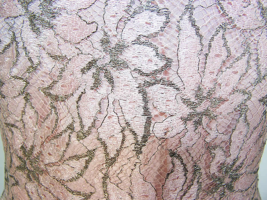 Vintage Muzaffar Pink Silver Metallic Lace Formal Evening Gown Dress close up