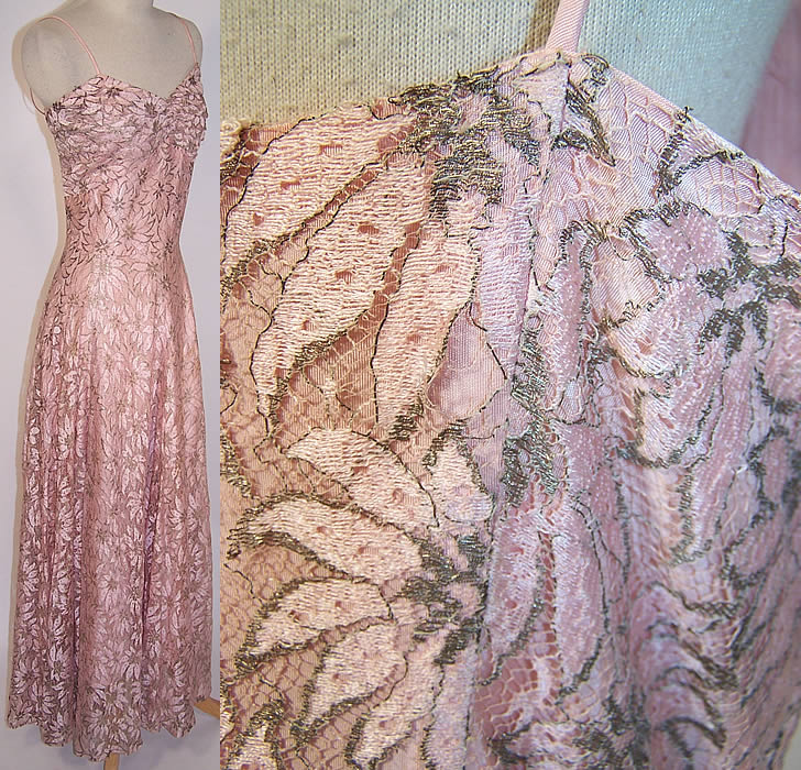 Vintage Muzaffar Pink Silver Metallic Lace Formal Evening Gown Dress