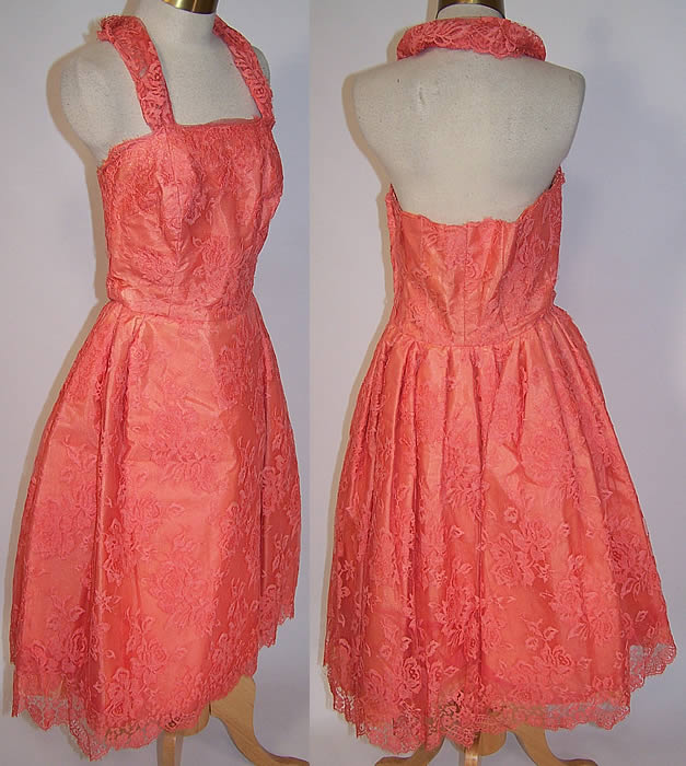 Vintage Coral Pink Lace Halter Top Mad Men Cocktail Formal Prom Dress