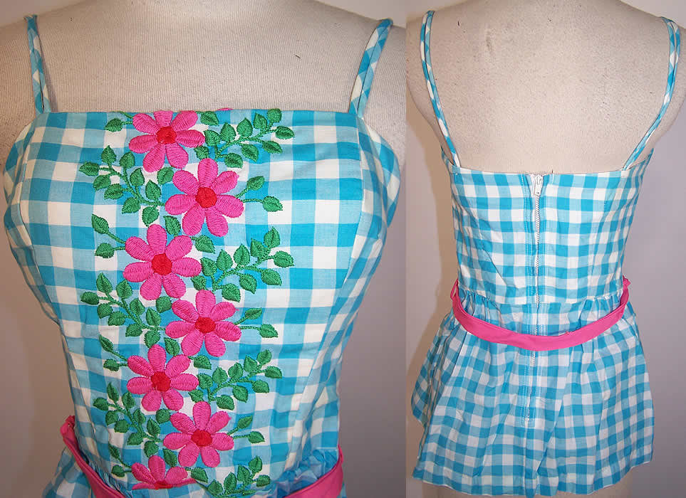 Vintage Two Piece Blue White Gingham Check Floral Embroidered Swimsuit