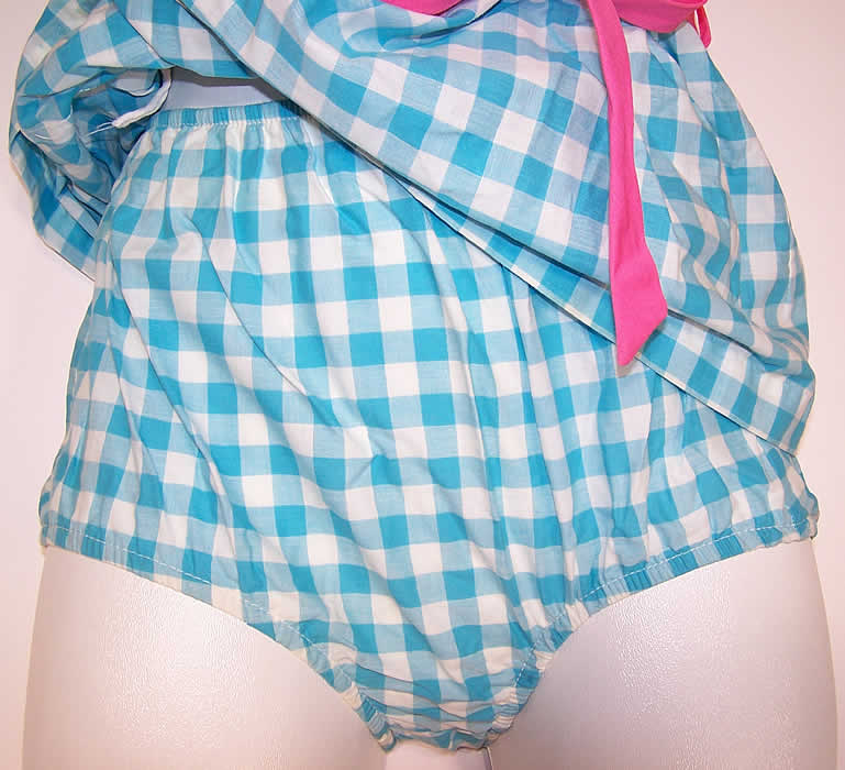 Vintage Two Piece Blue White Gingham Check Floral Embroidered Swimsuit