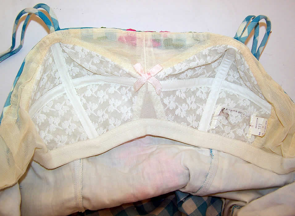 Vintage Two Piece Blue White Gingham Check Floral Embroidered Swimsuit