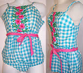 Vintage 1960s Two Piece Blue White Gingham Check Floral Embroidered Swimsuit