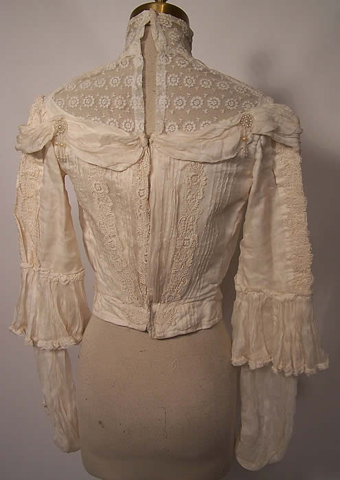 Edwardian Cream Silk Lace Net Beaded Bridal Wedding Bodice Blouse back view.