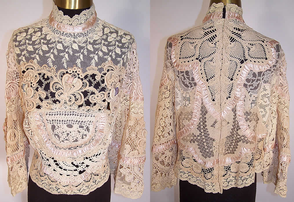 Vintage Antique Ecru Lace Pink Silk Rosette Trim Victorian Inspired Blouse Top