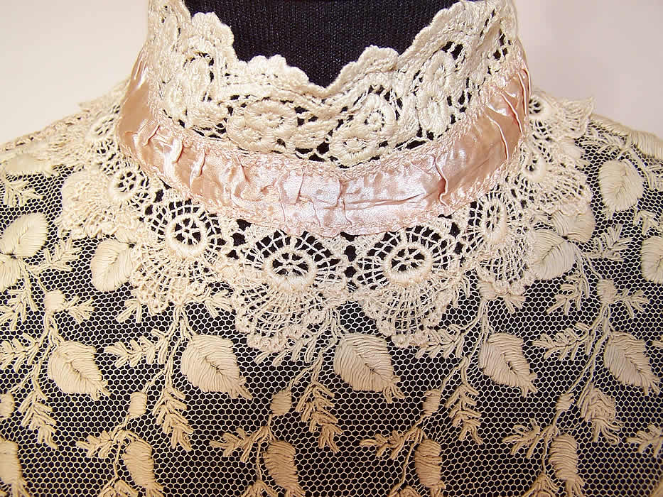 Vintage Antique Ecru Lace Pink Silk Rosette Trim Victorian Inspired Blouse Top close up