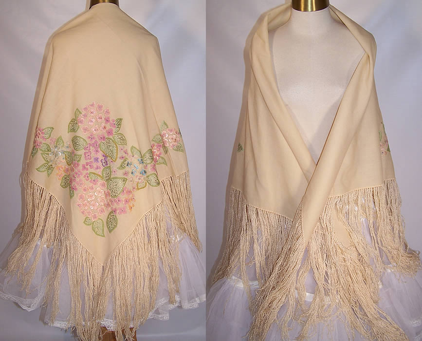 Vintage Cream Wool Pastel Violets French Knot Embroidered Fringe Shawl