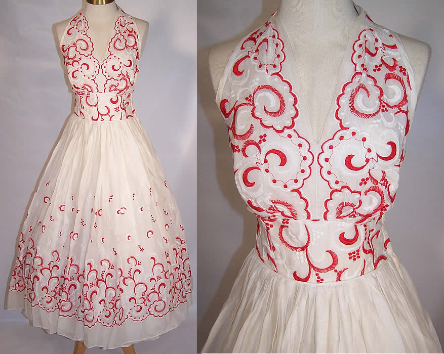 Vintage White Cotton Batiste Red Embroidered Halter Top Circle Skirt Dress