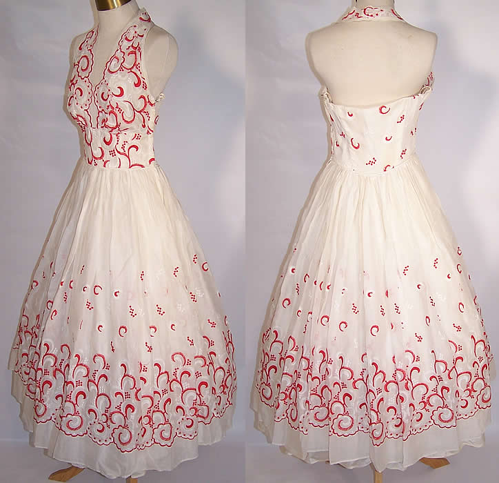 Vintage White Cotton Batiste Red Embroidered Halter Top Circle Skirt Dress side & back views