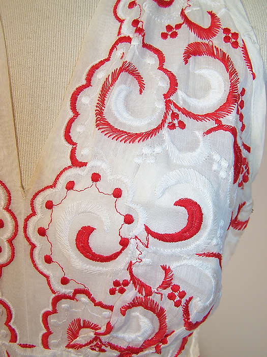 Vintage White Cotton Batiste Red Embroidered Halter Top Circle Skirt Dress close up