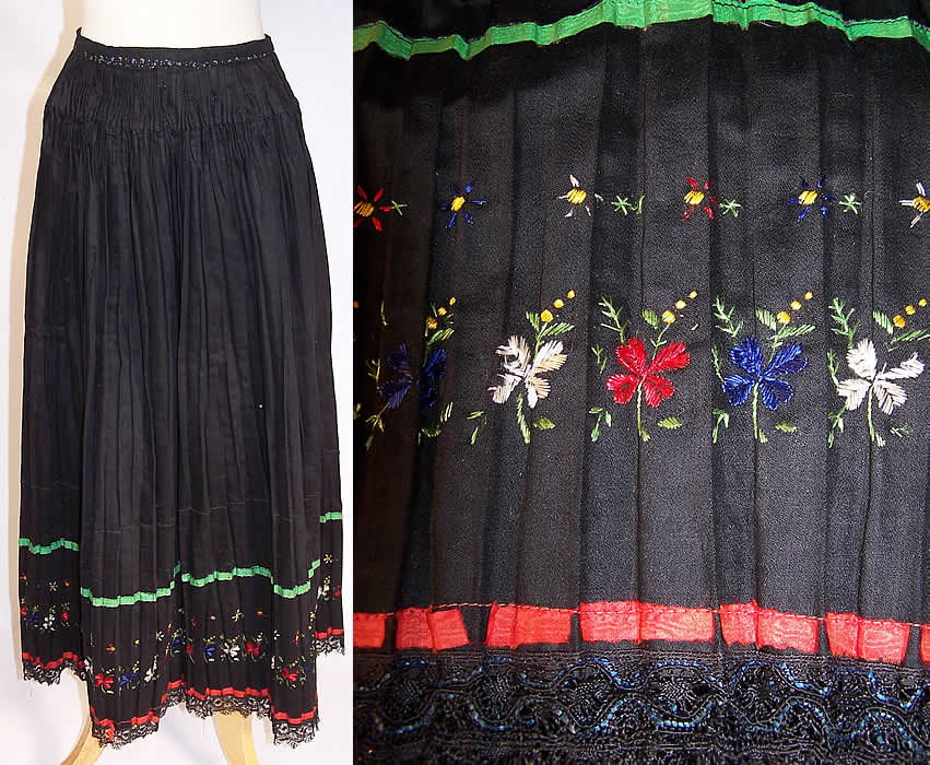 Vintage Czech Bohemia Folk Costume Pleated Embroidered Apron Skirt