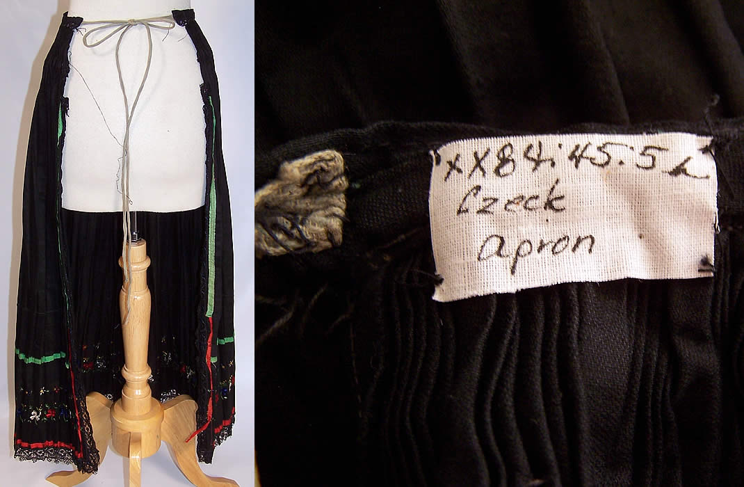 Vintage Czech Bohemia Folk Costume Pleated Embroidered Apron Skirt back view & label close up