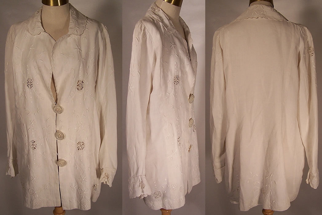 Edwardian Embroidered White Linen Crochet Lace Long Coat Jacket