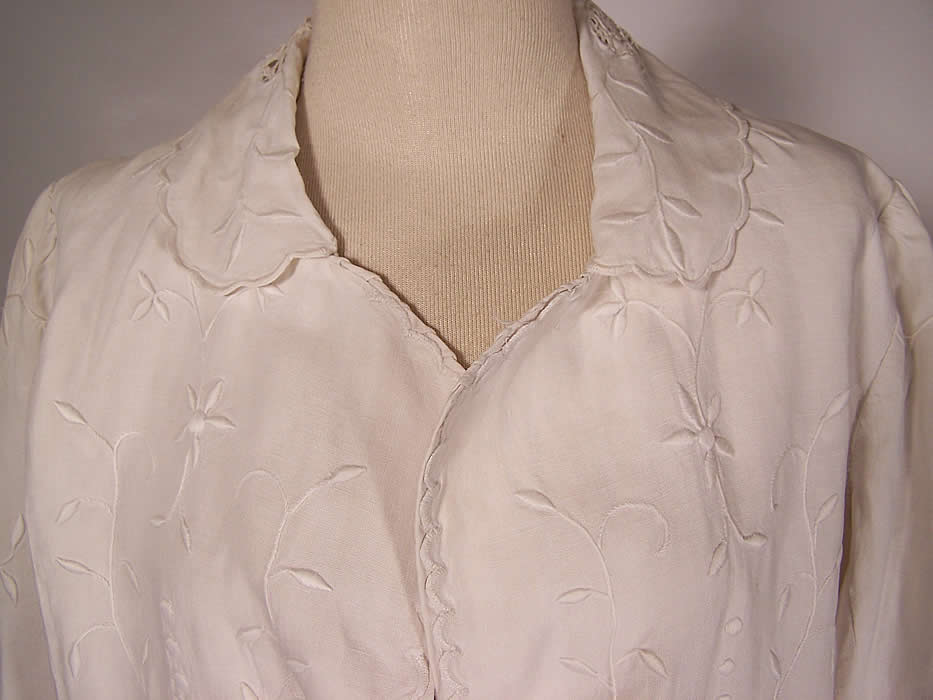 Edwardian Embroidered White Linen Crochet Lace Long Coat Jacket close up