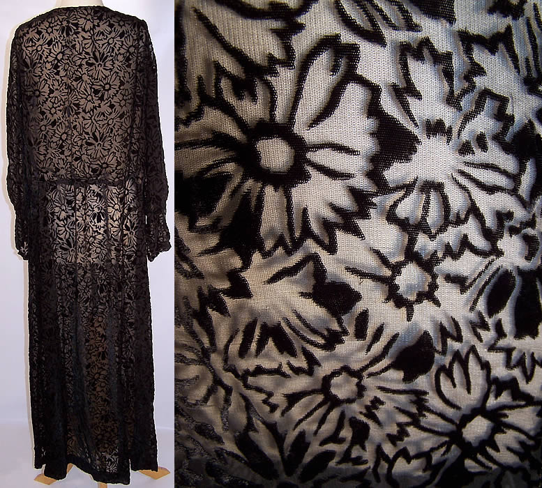 Vintage Floral Black Silk Voided Velvet Bias Cut Dress back view & close up shows the flower pattern