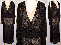 Vintage 1930s Floral Black Silk Voided Velvet Bias Cut Dress