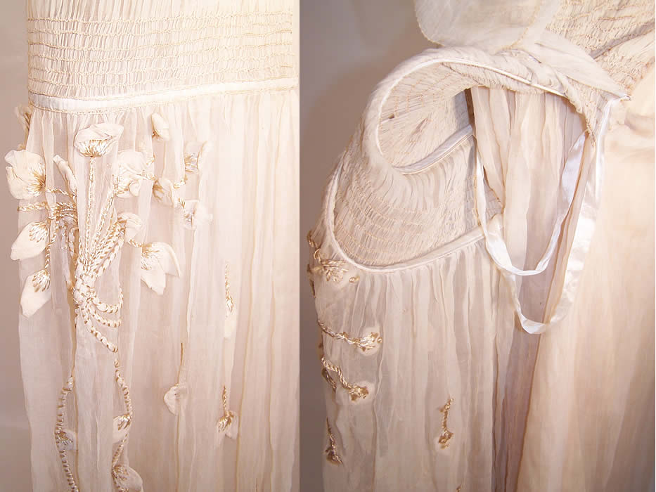 Vintage Robe de Style Cream Silk Rosette Pannier Hoop Wedding Dress two close ups
